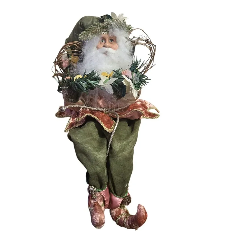 Sitting Woodland Santa Fairy Elf Holding Wreath Twig‎ Heart Wings